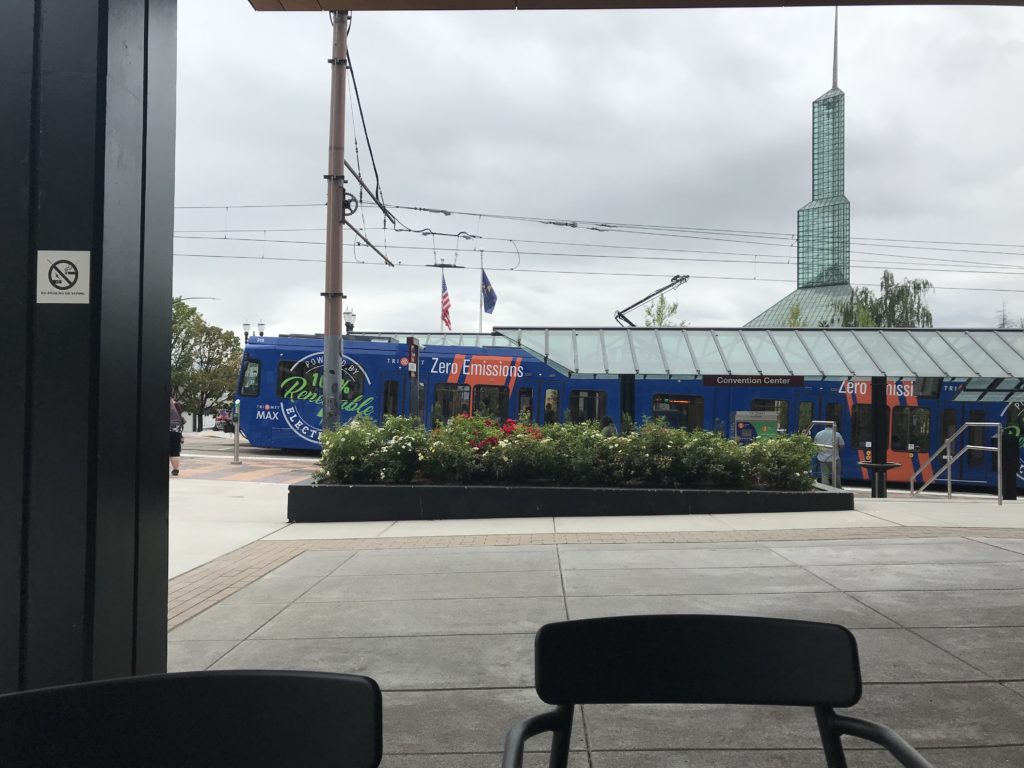 Photo of TriMet MAX car 315 at the Convention Center platform.