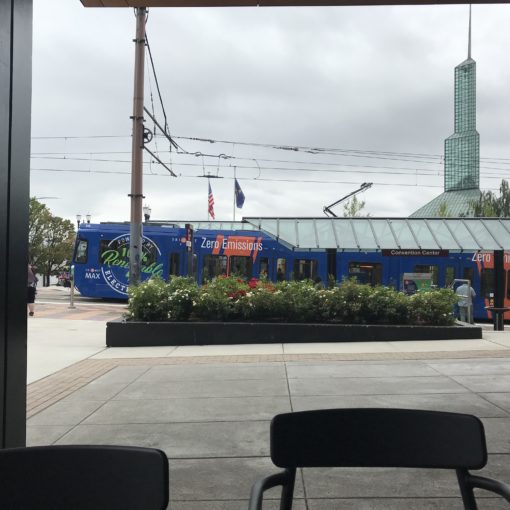 Photo of TriMet MAX car 315 at the Convention Center platform.