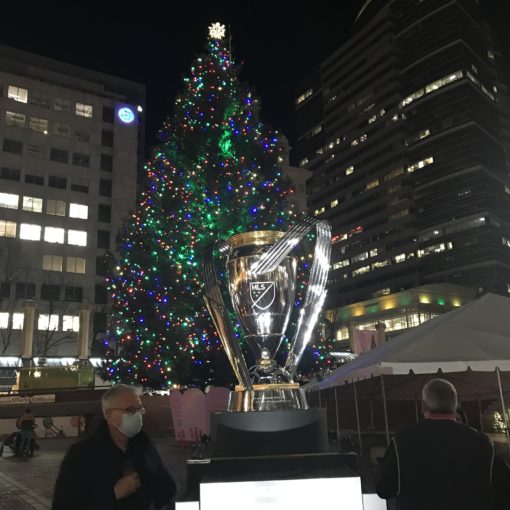 Photo of the MLS Cup on display in Pioneer Square.