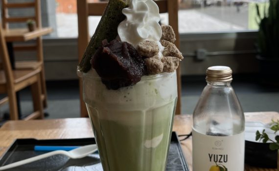 Photo of a matcha parfait and sparkling yuzu at Behind the Museum Cafe.
