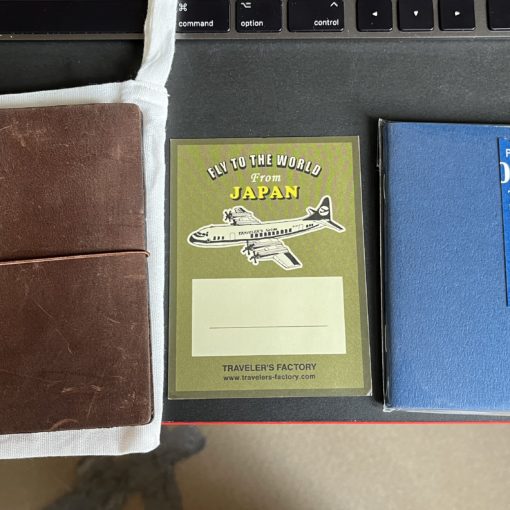 Photo of a passport-sized Traveler's Company notebook with refill paper and a collectable sticker.