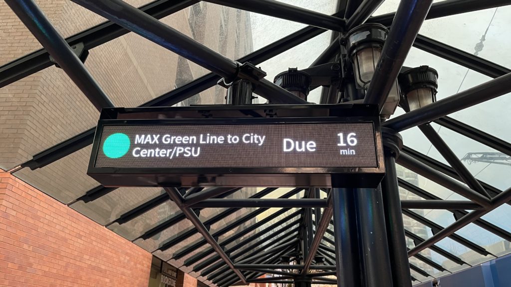 Photo of a newly installed small-format ConnectPoint LED departure board at PSU/SW 5th & Montgomery.