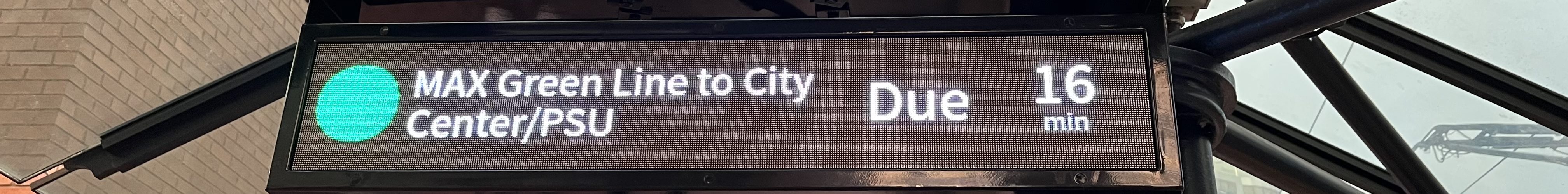Photo of a newly installed small-format ConnectPoint LED departure board at PSU/SW 5th & Montgomery.