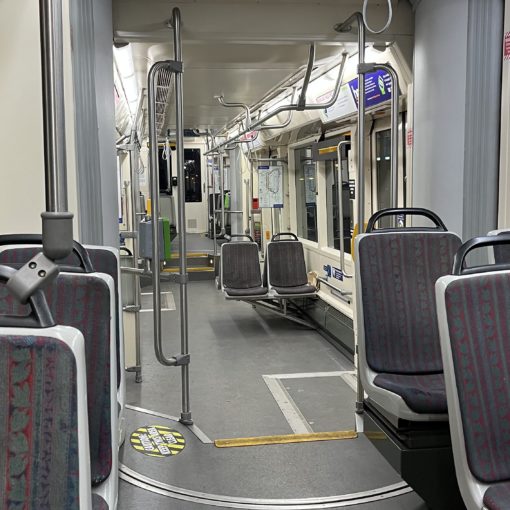 Photo of an empty Portland Streetcar car 026 late at night in South Waterfront.