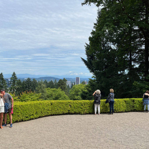 Photo taken from the Scenic Overlook at the Portland Japanese Garden looking towards Downtown Portland with Mt. Hood in the far distance showing a small amount of snow still present.