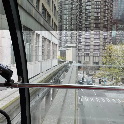 Photo of the view from the front of the Seattle Monorail as it waits to depart from Westlake Center.
