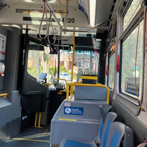 Photo from inside TriMet bus 4220, a rare 40-foot bus on line 63, taken while turning from SW Salmon to SW Park. Line 63 normally uses 30-foot busses due to sharp turns and steep hills along the line.
