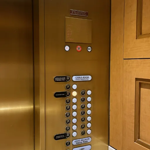 Photo of the car operating panel on a Fujitec elevator at the Sheraton Grand Seattle.