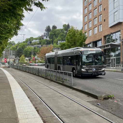 Photo of C-Tran bus 6011, an articulated New Flyer, running as a commuter service arriving at PSU.